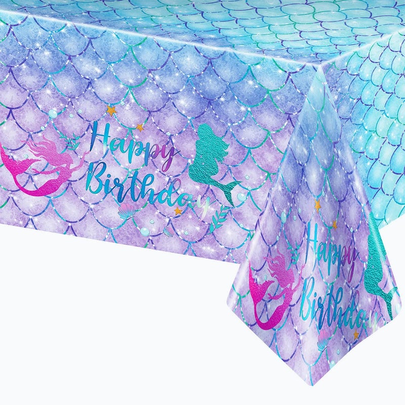 DaiUni 1PCS Mermaid Birthday Tablecloth for Birthday Party Decoration  Plastic Disposable Rectangle Table Cover for Kids Girls Party Supplies  54"" x 108"" - Image 1